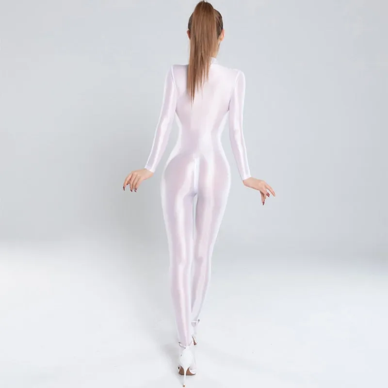 Oily Glossy Elastic Tights Zipper Open Crotch Full Body Jumpsuits See Through Bodysuits Women Smooth Bodycon Romper Jumpsuit