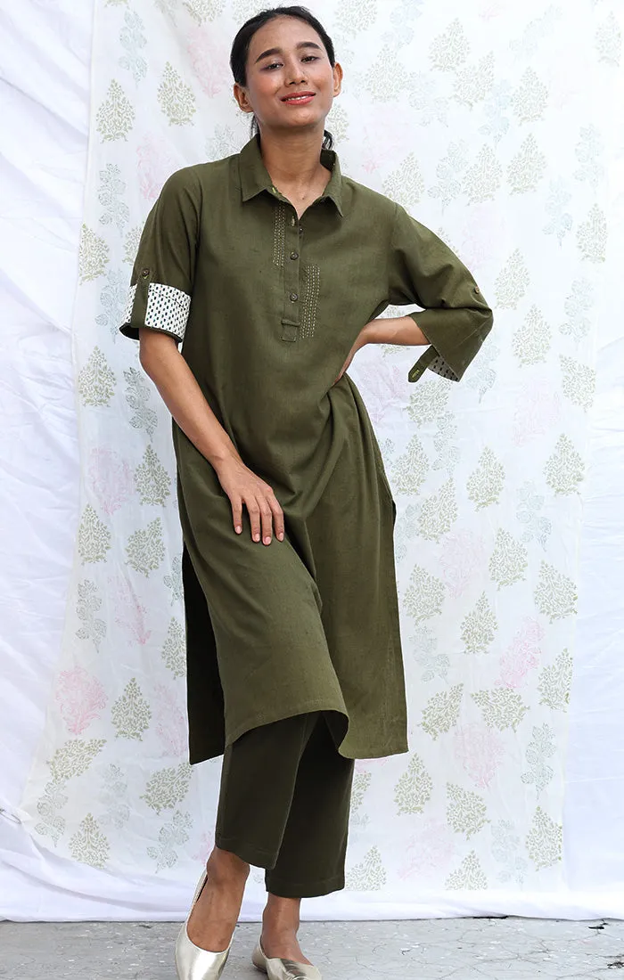 Olive Green Handspun Handwoven Cotton Tunic with Pants