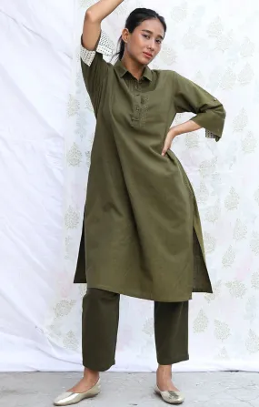 Olive Green Handspun Handwoven Cotton Tunic with Pants