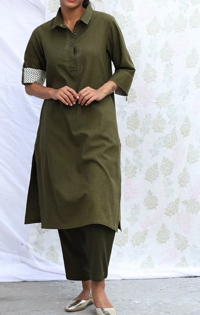 Olive Green Handspun Handwoven Cotton Tunic with Pants