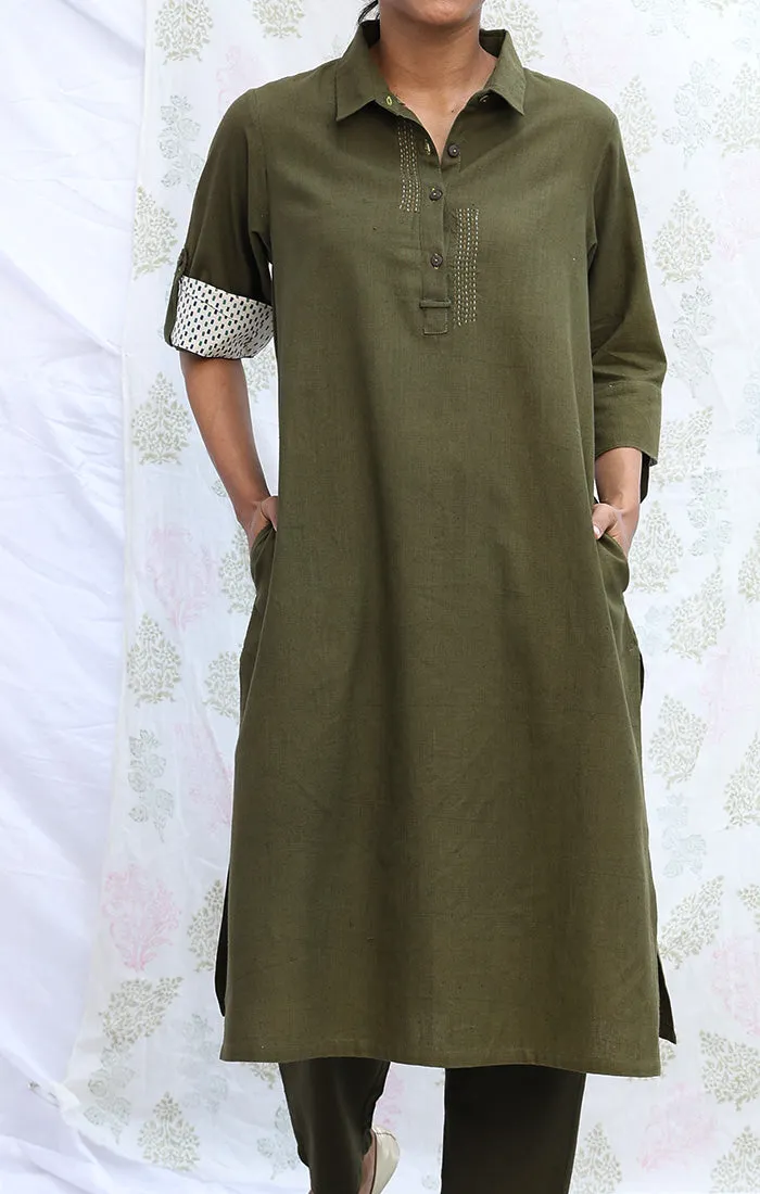 Olive Green Handspun Handwoven Cotton Tunic