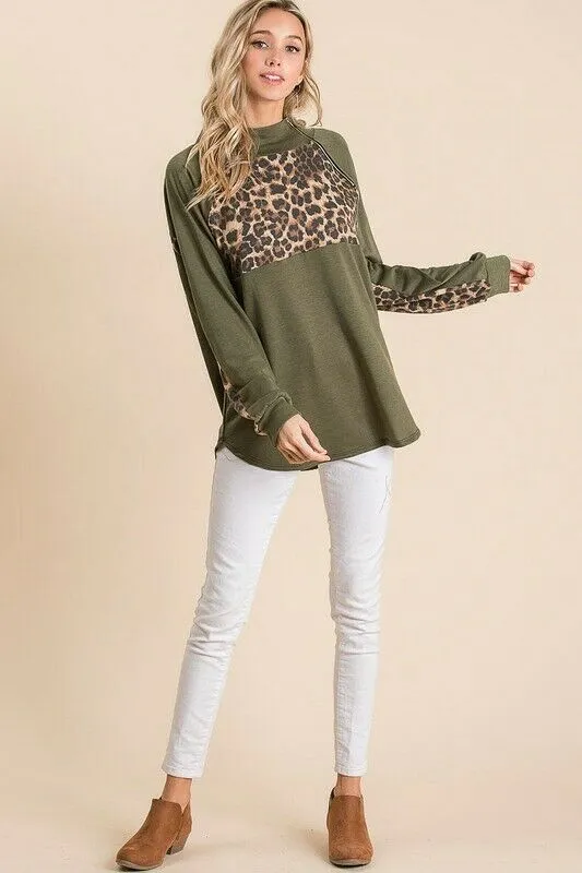 Olive Green Leopard Zipper French Terry Pullover Top Casual Womens