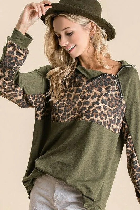 Olive Green Leopard Zipper French Terry Pullover Top Casual Womens