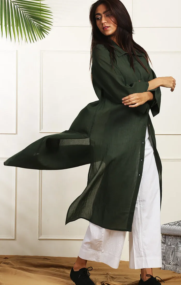 Olive Green Shirt Dress /Long Tunic with Twill Pants