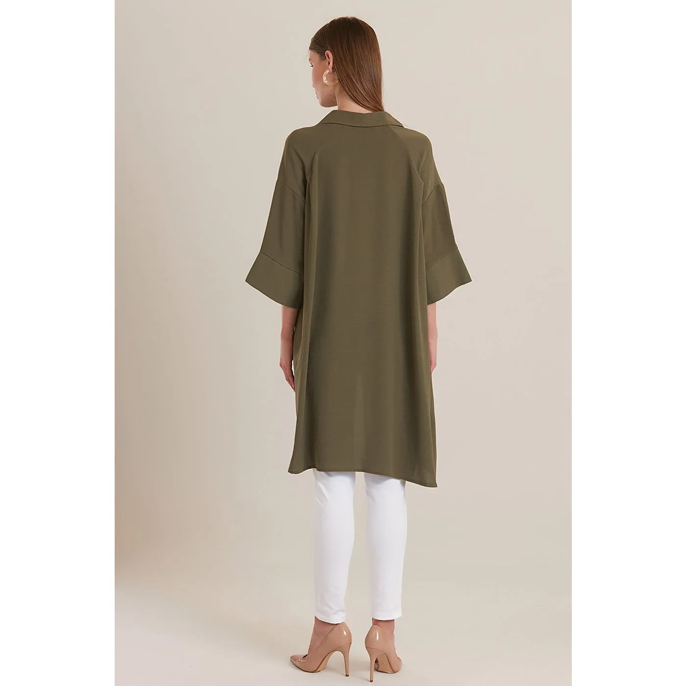 Olive Midi Sleeve Classic Shirt Tunic