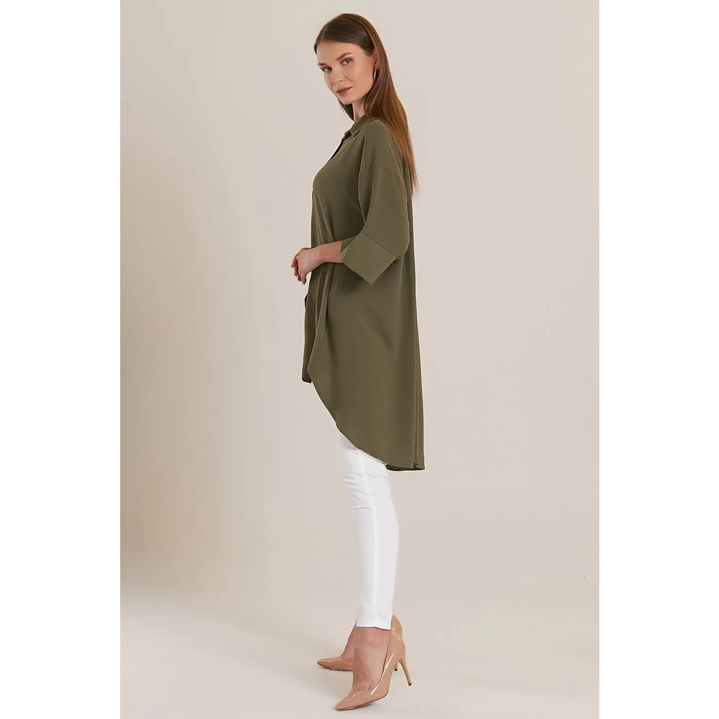 Olive Midi Sleeve Classic Shirt Tunic