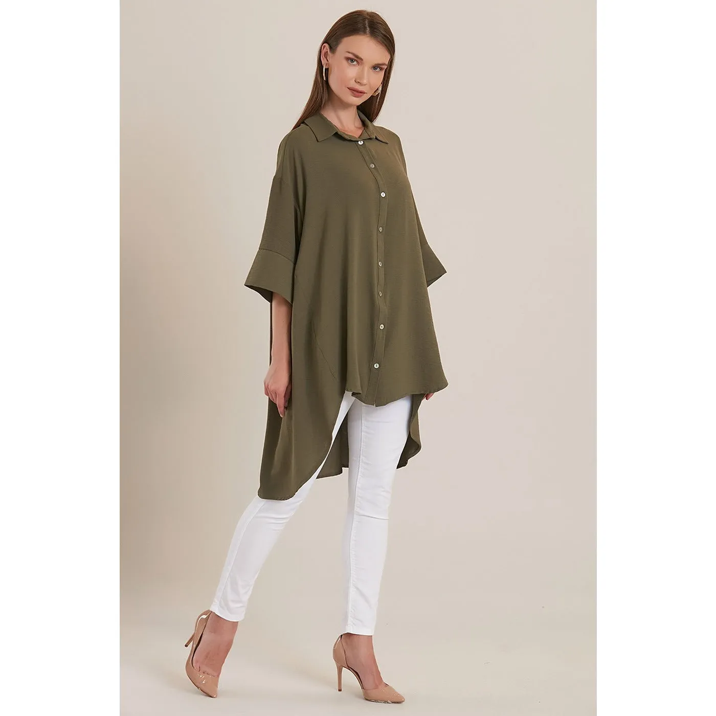 Olive Midi Sleeve Classic Shirt Tunic