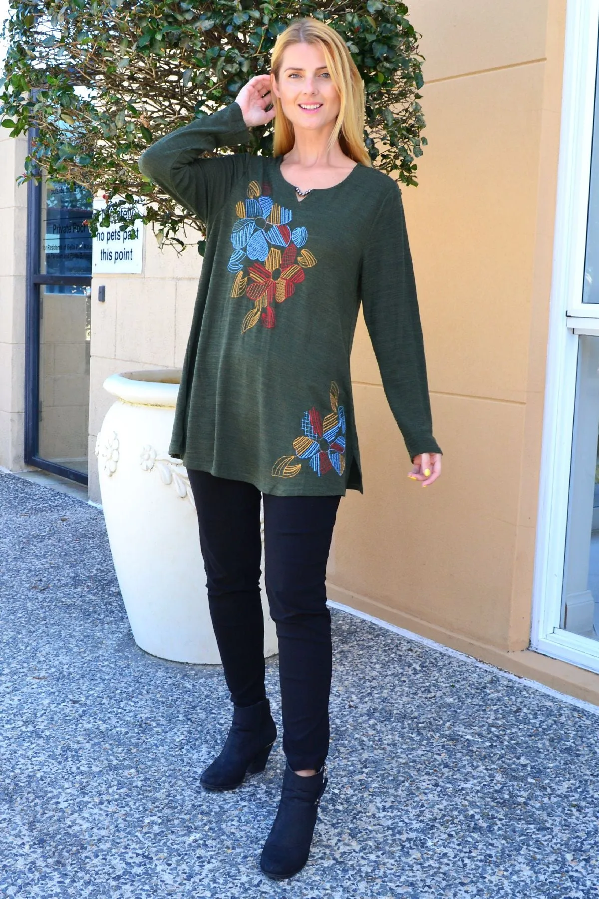 Olive Windmill Flower Tunic Top