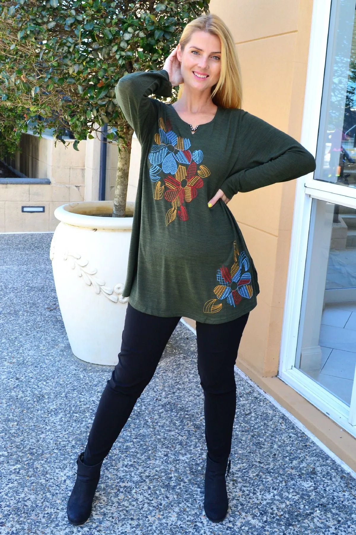 Olive Windmill Flower Tunic Top