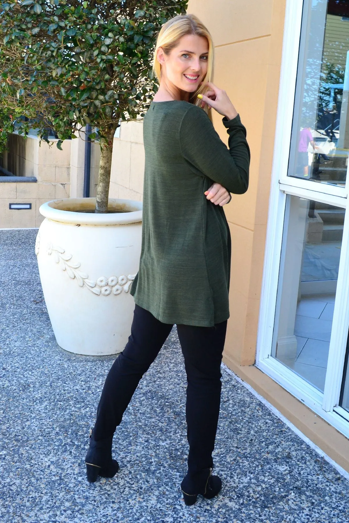 Olive Windmill Flower Tunic Top