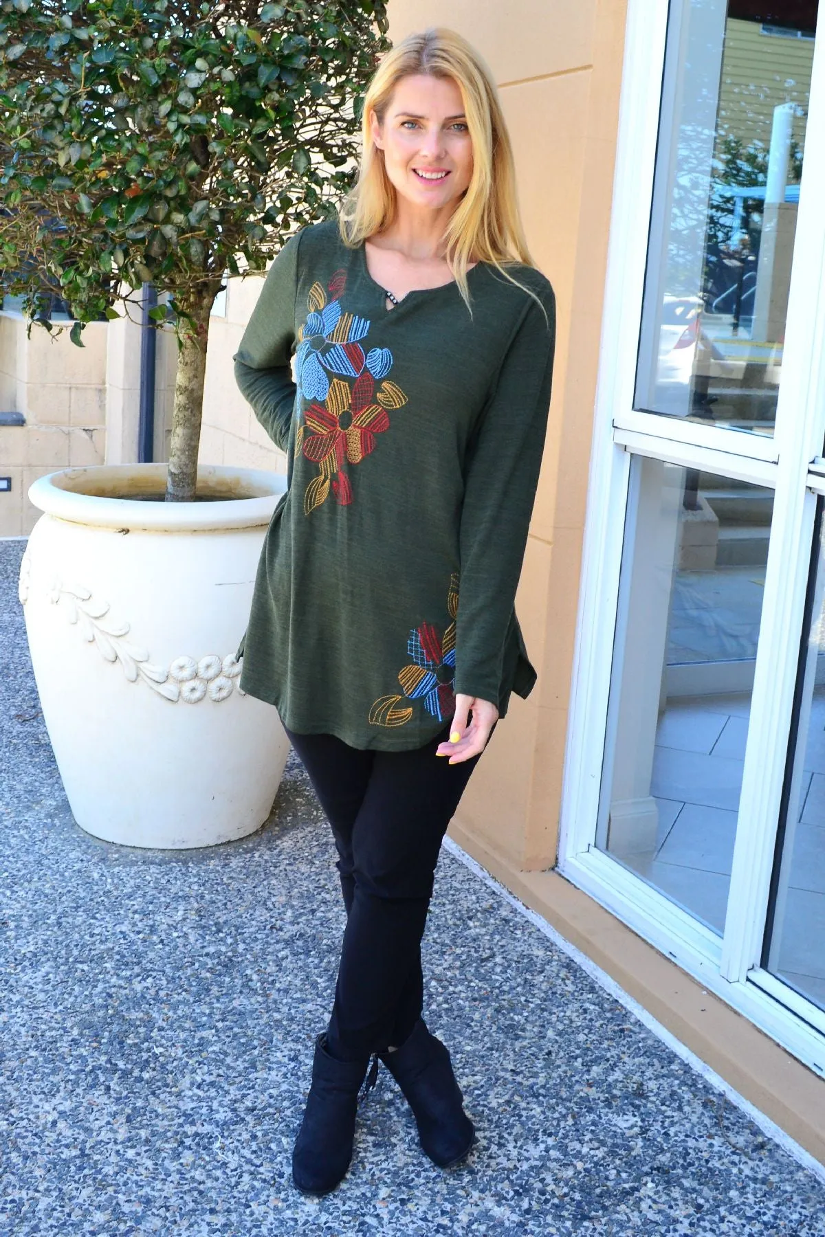 Olive Windmill Flower Tunic Top