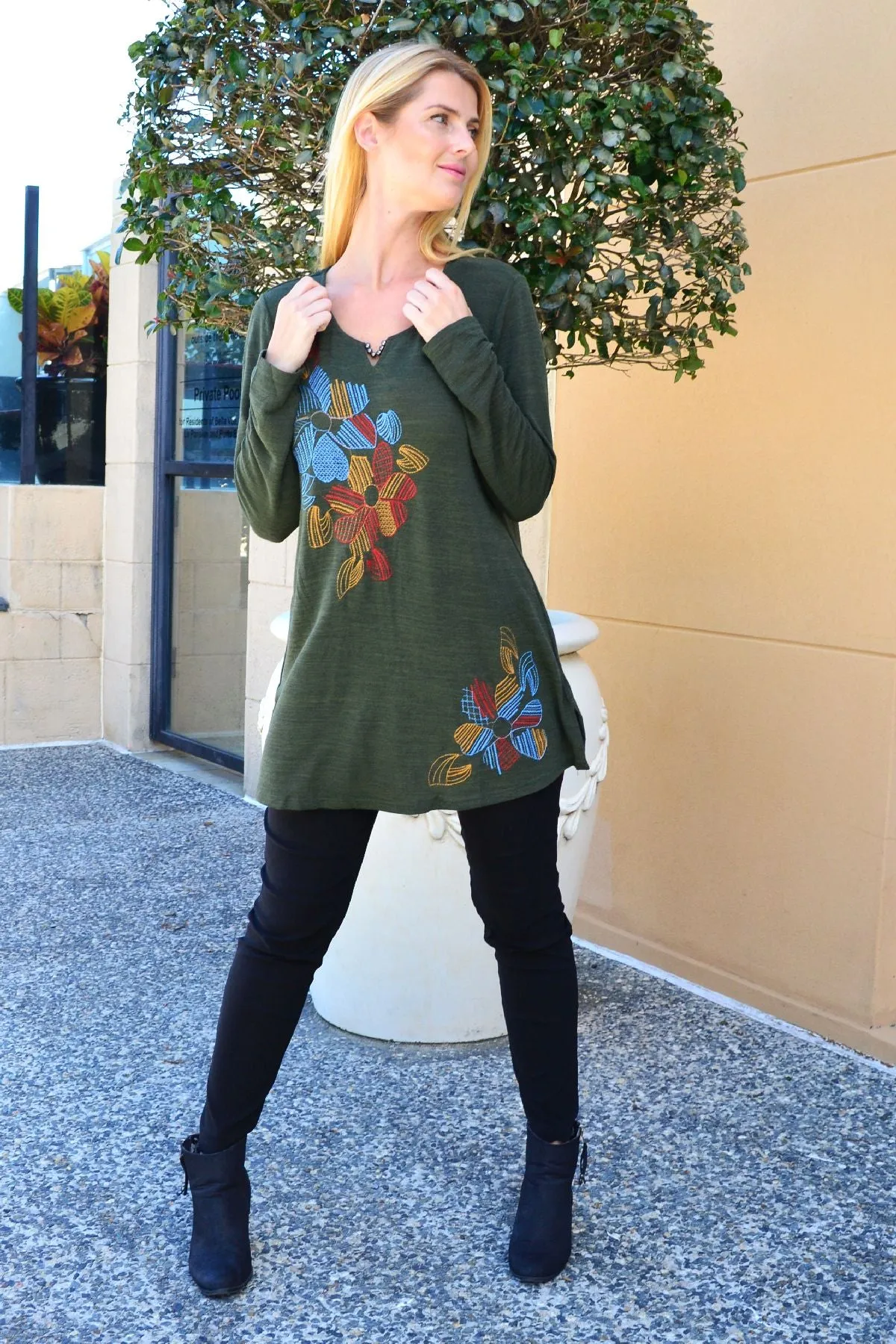 Olive Windmill Flower Tunic Top