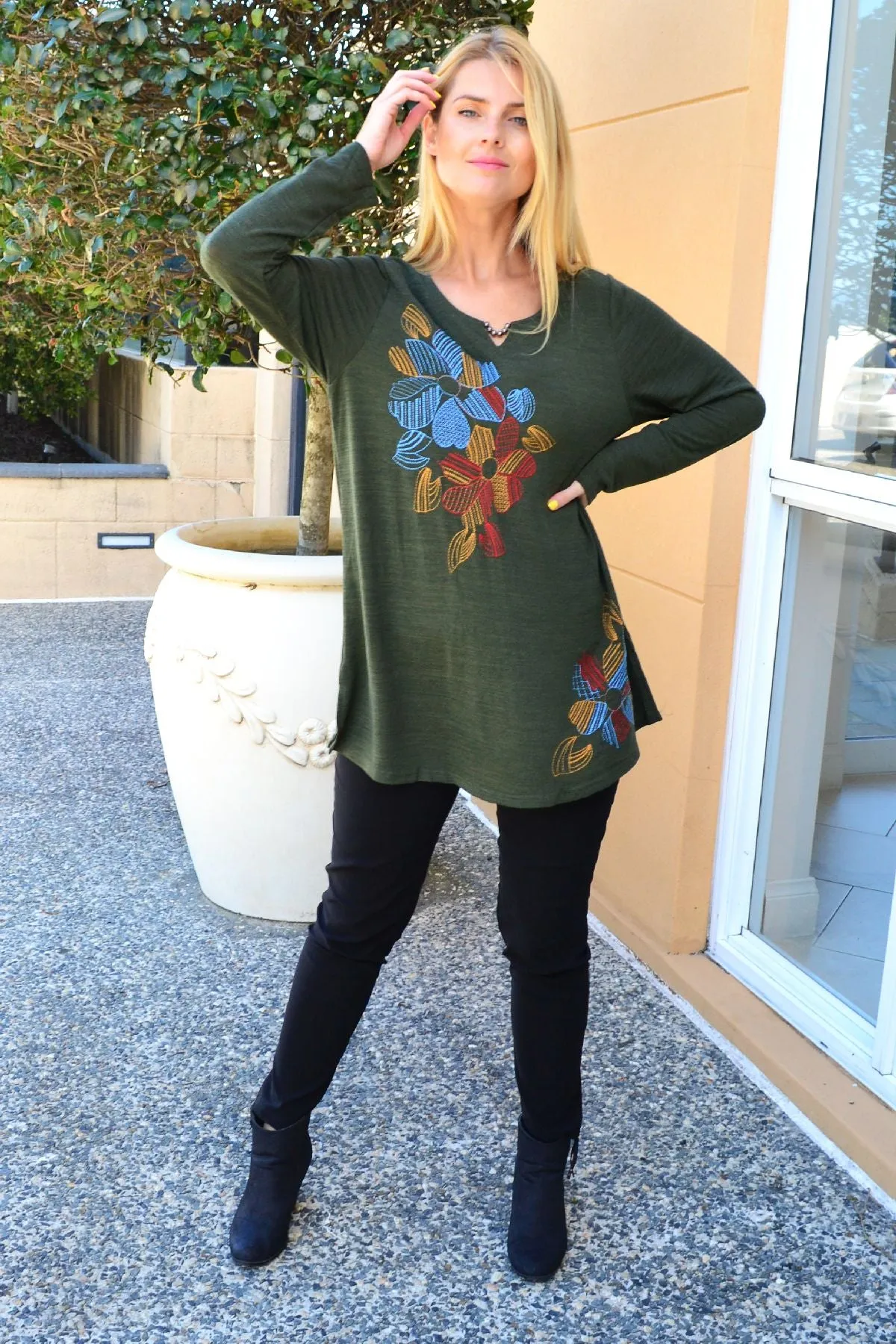 Olive Windmill Flower Tunic Top