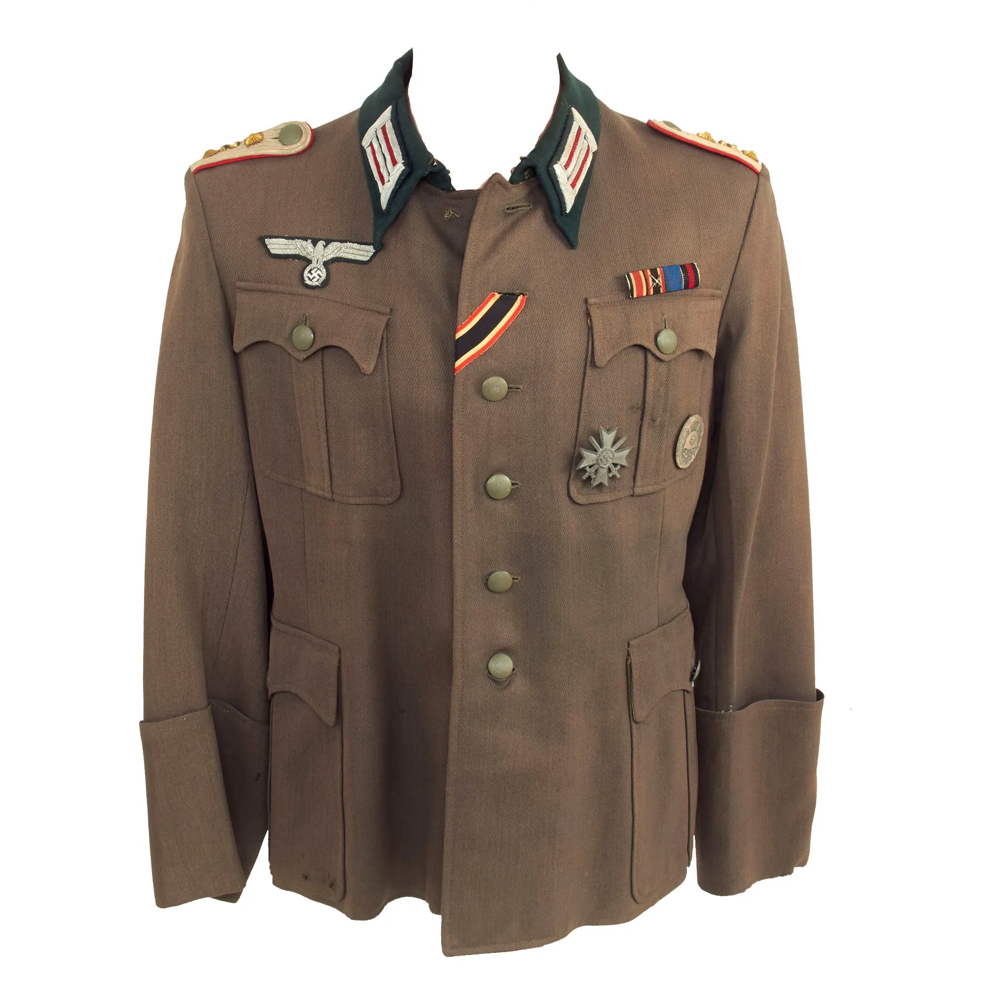 Original German WWII Heer Artillery Hauptmann Officer's M36 Field Tunic with Medal Bar, KVKI, and Silver Wound Badge