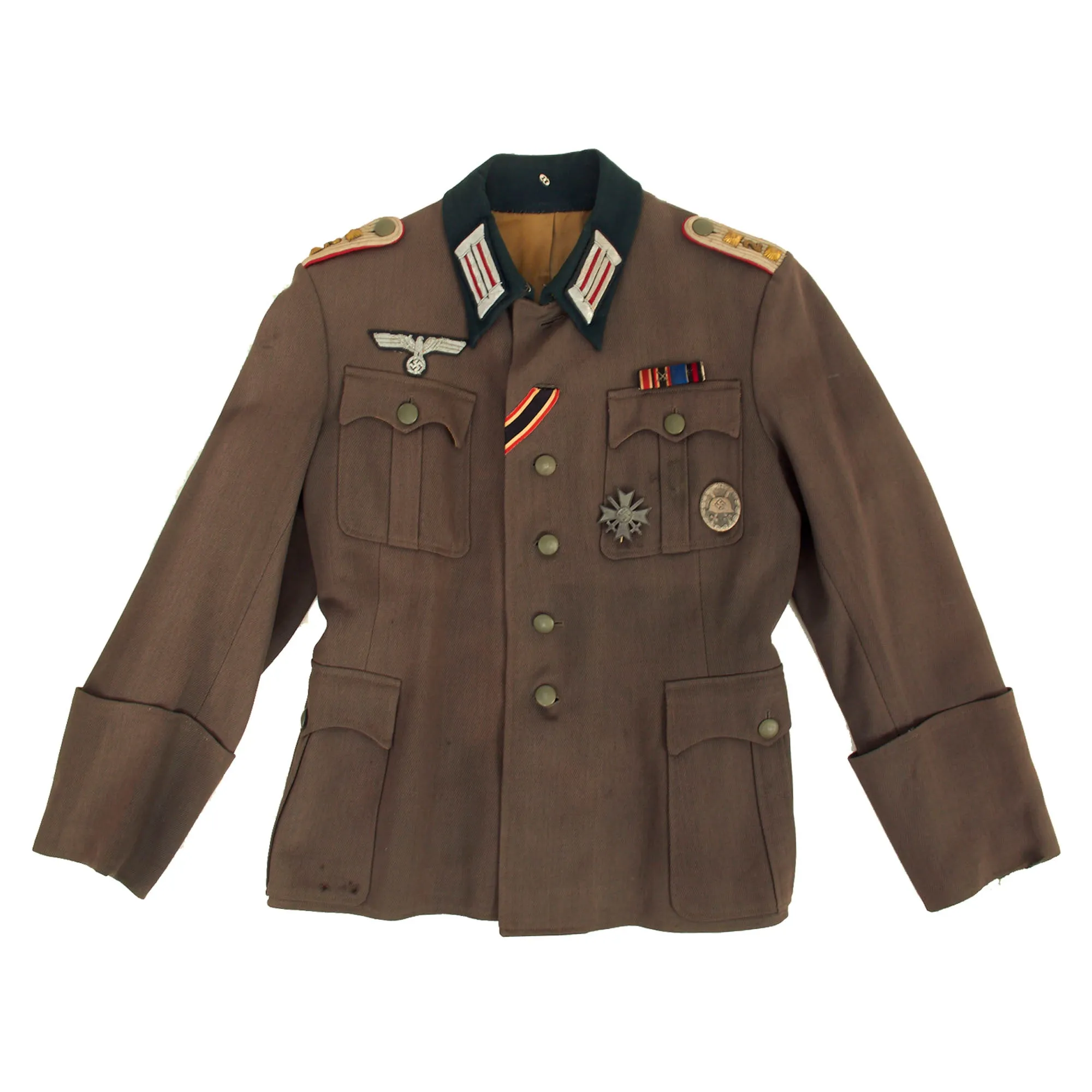 Original German WWII Heer Artillery Hauptmann Officer's M36 Field Tunic with Medal Bar, KVKI, and Silver Wound Badge