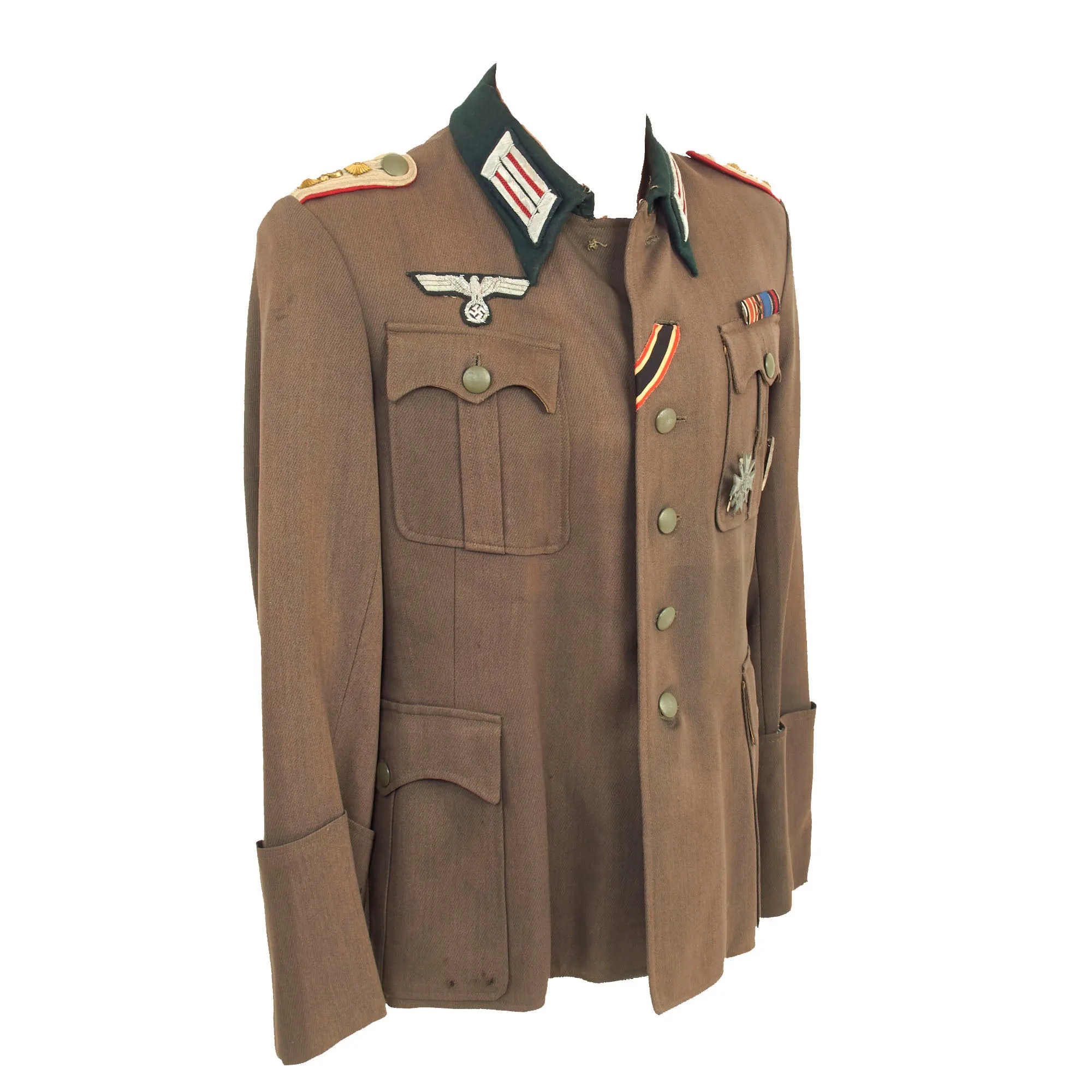 Original German WWII Heer Artillery Hauptmann Officer's M36 Field Tunic with Medal Bar, KVKI, and Silver Wound Badge