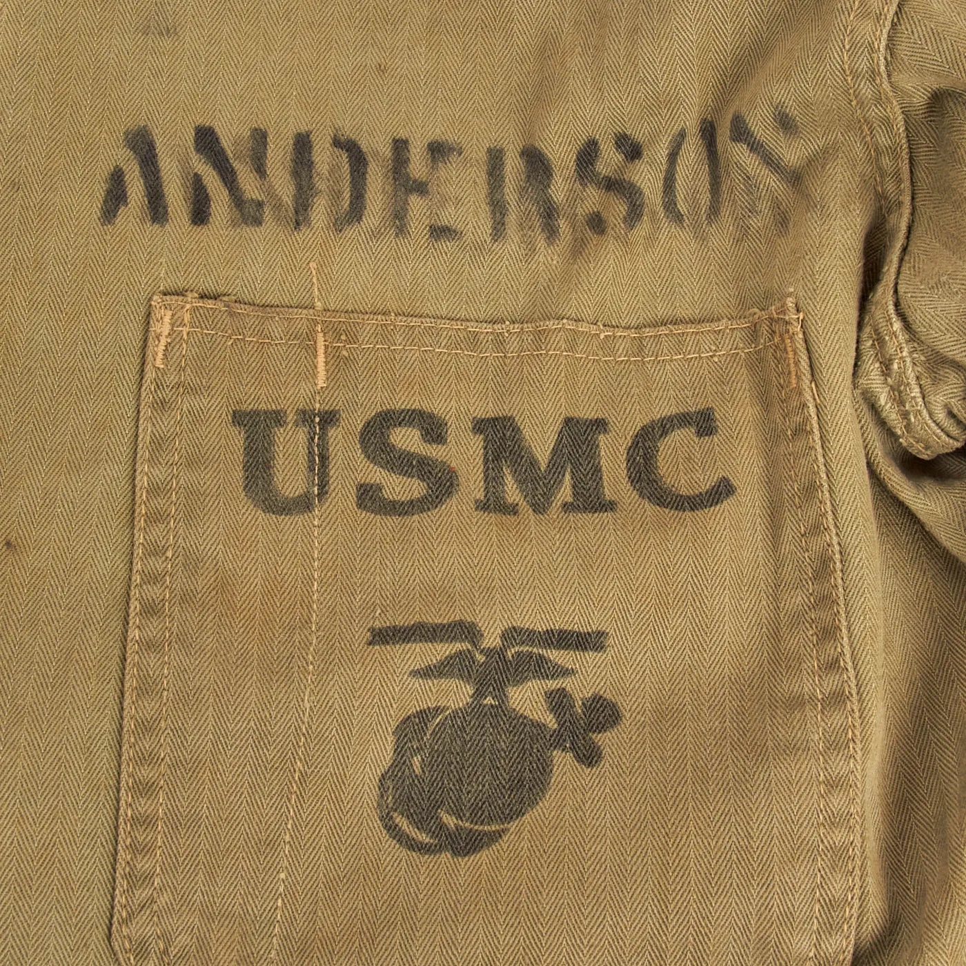 Original U.S. WWII USMC Named HBT Herringbone Twill P44 Tunic - Featured In “Sailor’s In Forest Green” Book