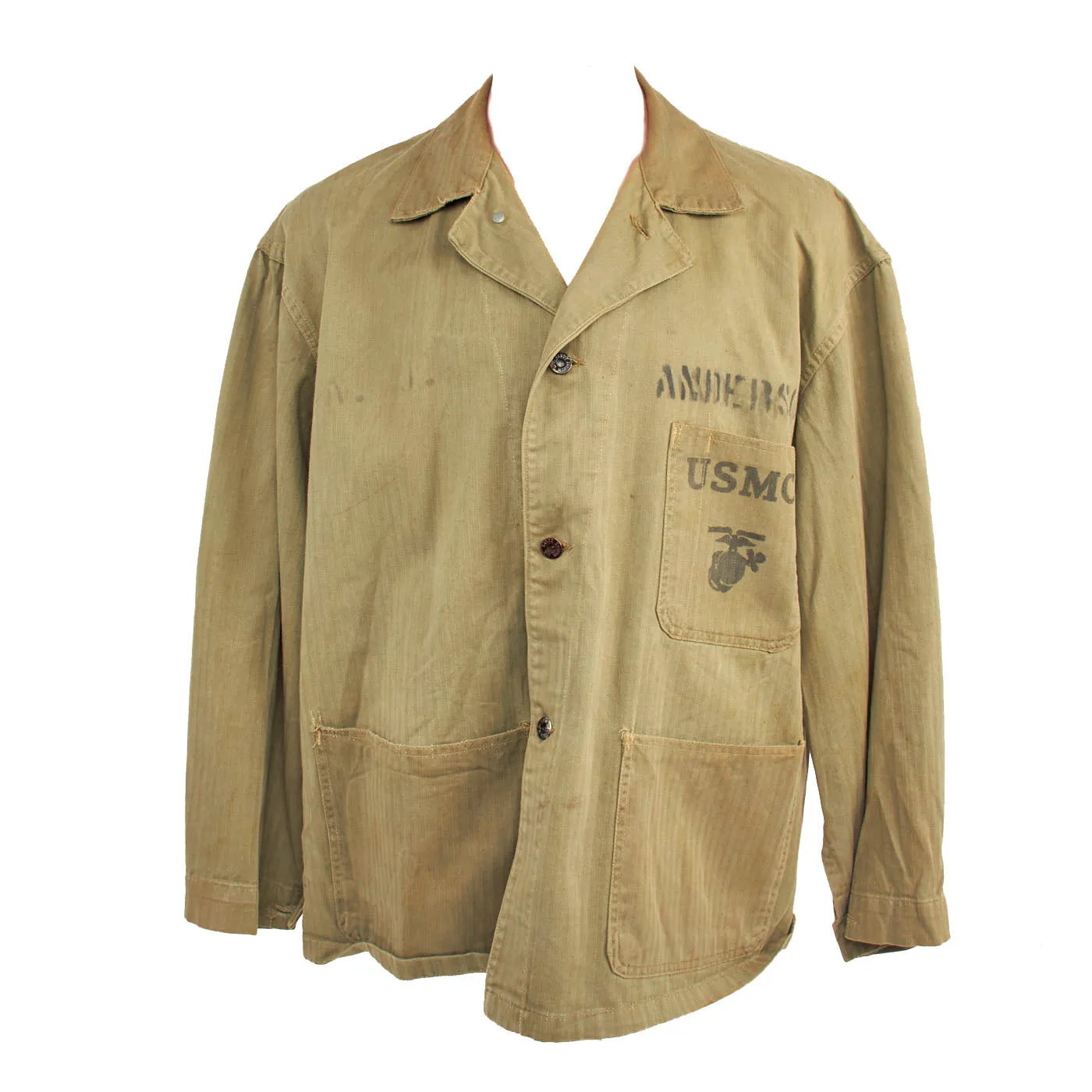 Original U.S. WWII USMC Named HBT Herringbone Twill P44 Tunic - Featured In “Sailor’s In Forest Green” Book