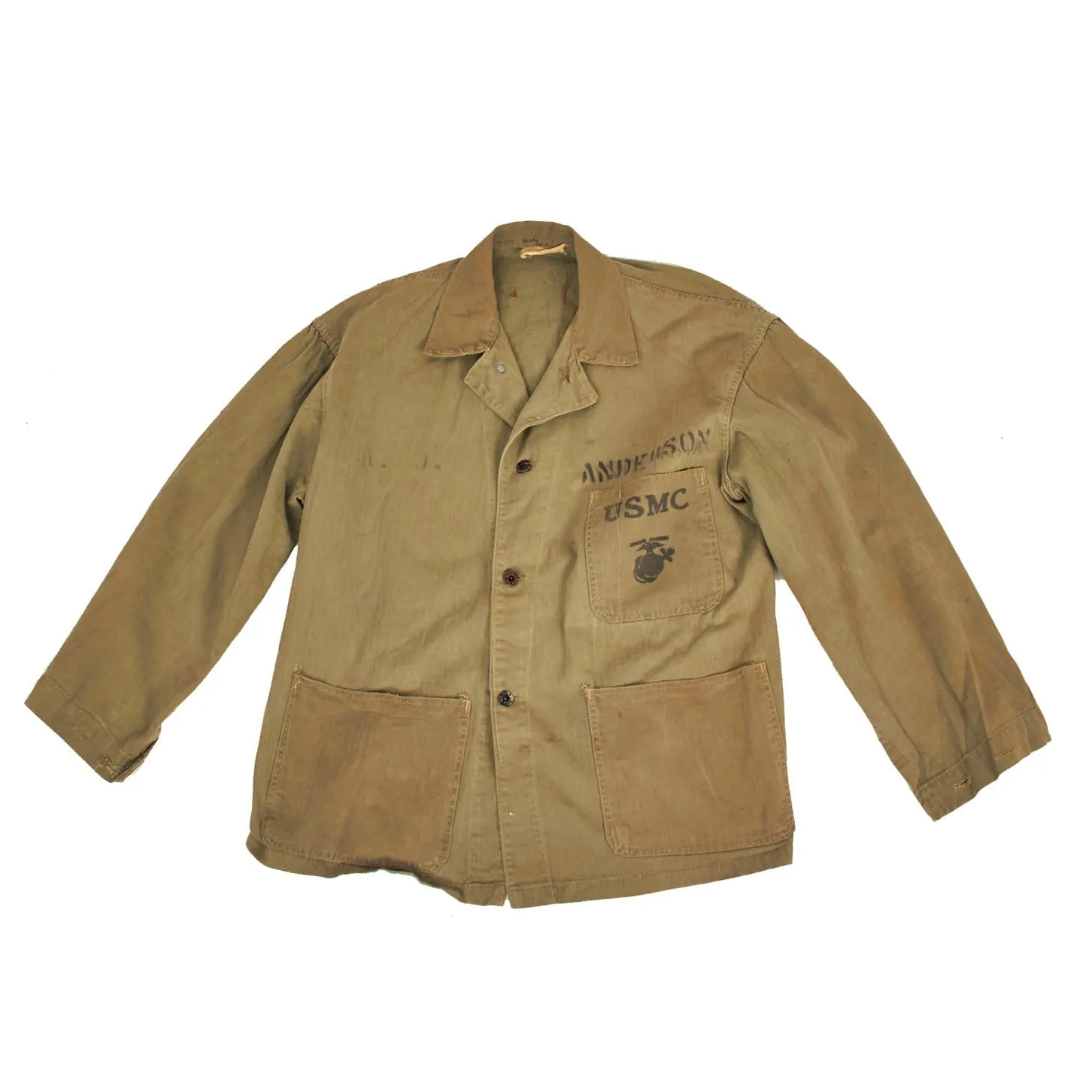 Original U.S. WWII USMC Named HBT Herringbone Twill P44 Tunic - Featured In “Sailor’s In Forest Green” Book