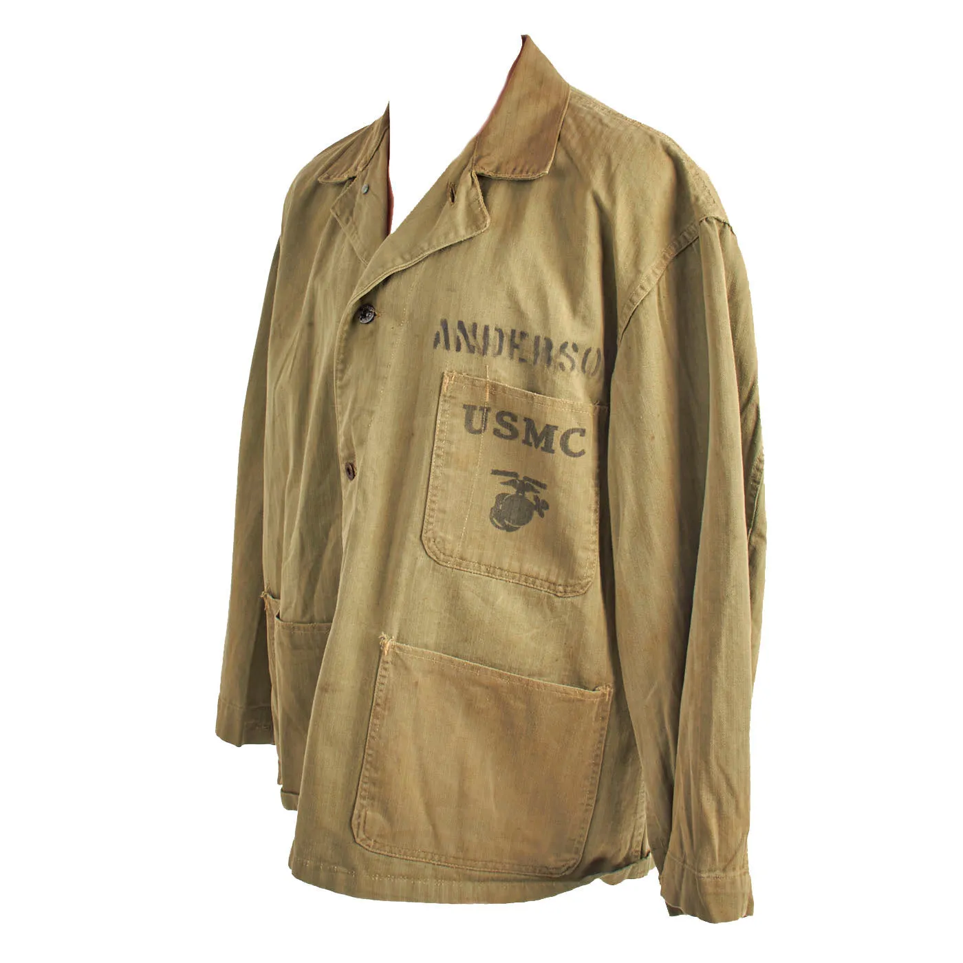 Original U.S. WWII USMC Named HBT Herringbone Twill P44 Tunic - Featured In “Sailor’s In Forest Green” Book