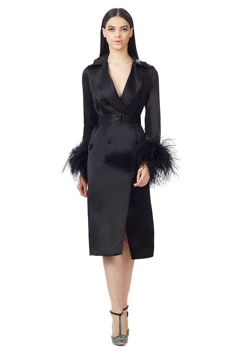 Ostrich Feathers Embellished Sleeves Silk Gazar Trench Coat in Black