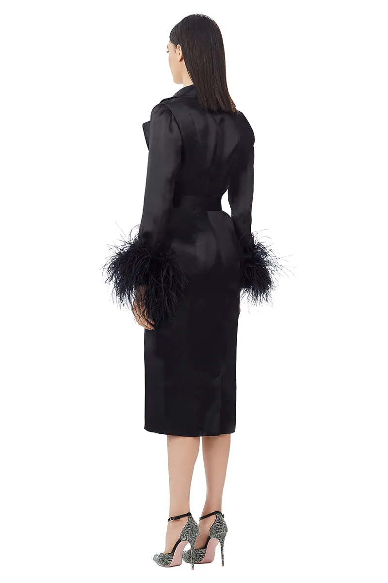 Ostrich Feathers Embellished Sleeves Silk Gazar Trench Coat in Black