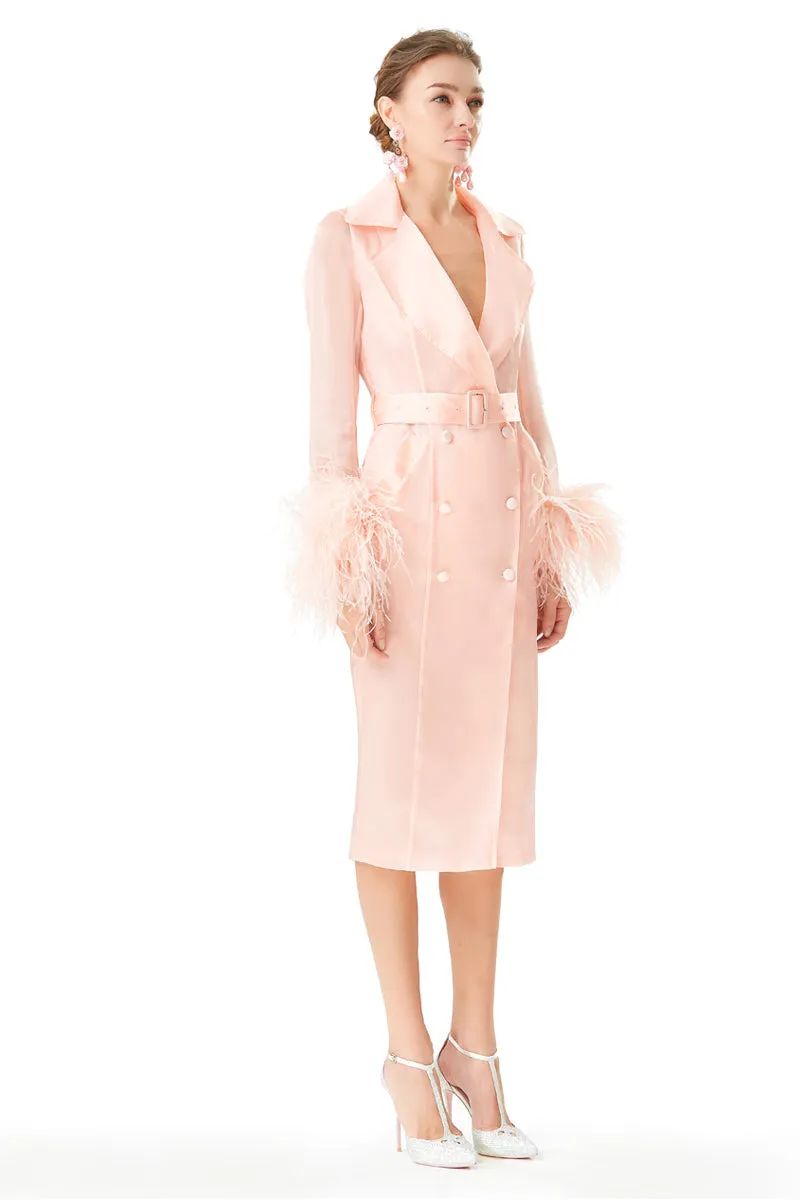 Ostrich Feathers Embellished Sleeves Silk Gazar Trench Coat in Pink