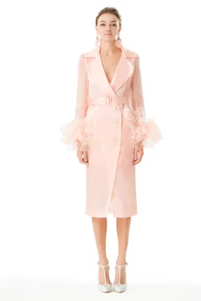 Ostrich Feathers Embellished Sleeves Silk Gazar Trench Coat in Pink