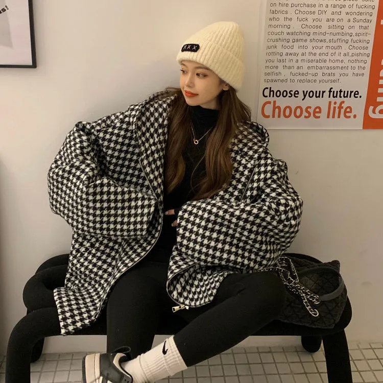 Oversized Zipped Hooded Coat in Houndstooth