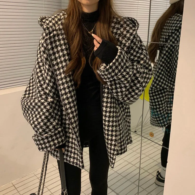 Oversized Zipped Hooded Coat in Houndstooth