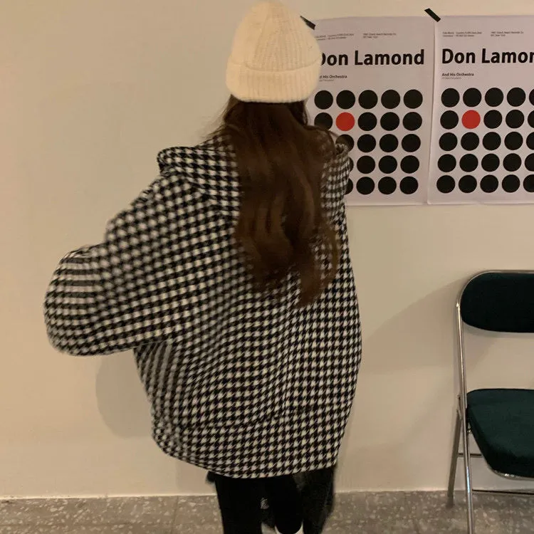 Oversized Zipped Hooded Coat in Houndstooth