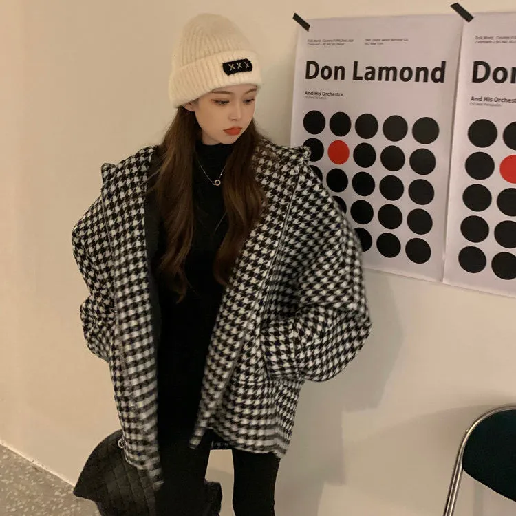 Oversized Zipped Hooded Coat in Houndstooth