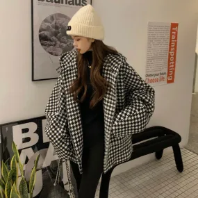 Oversized Zipped Hooded Coat in Houndstooth