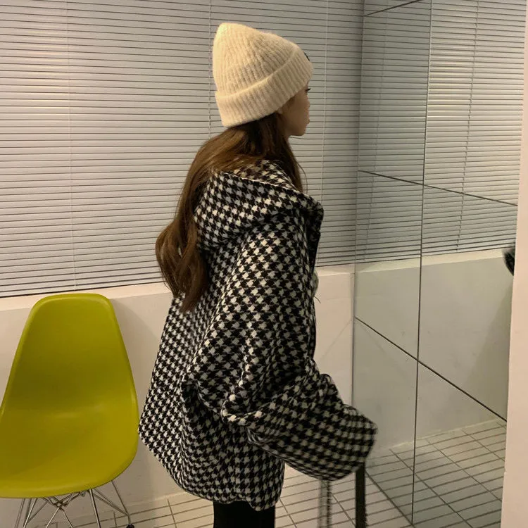 Oversized Zipped Hooded Coat in Houndstooth