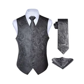 Paisley Suit Vest Tie Handkerchief Set - GREY-1