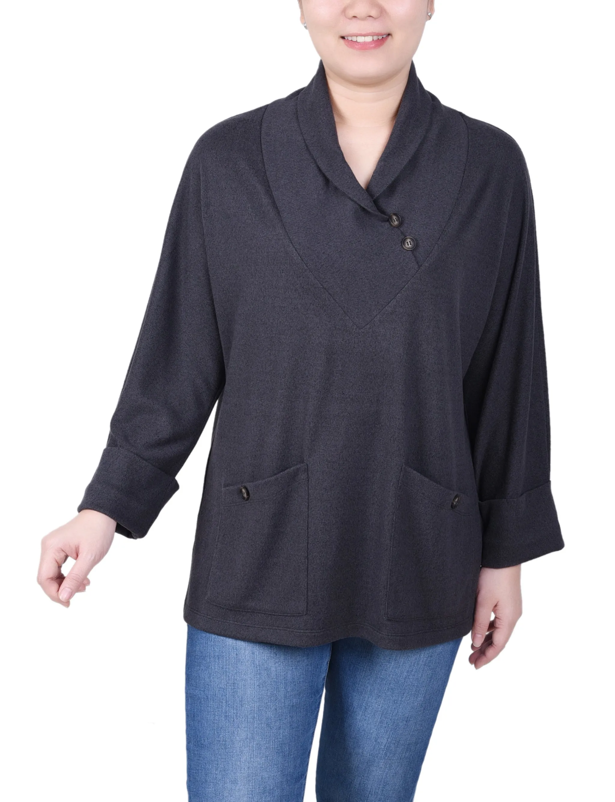 Petite Long Sleeve Shawl Collar Top With Pockets