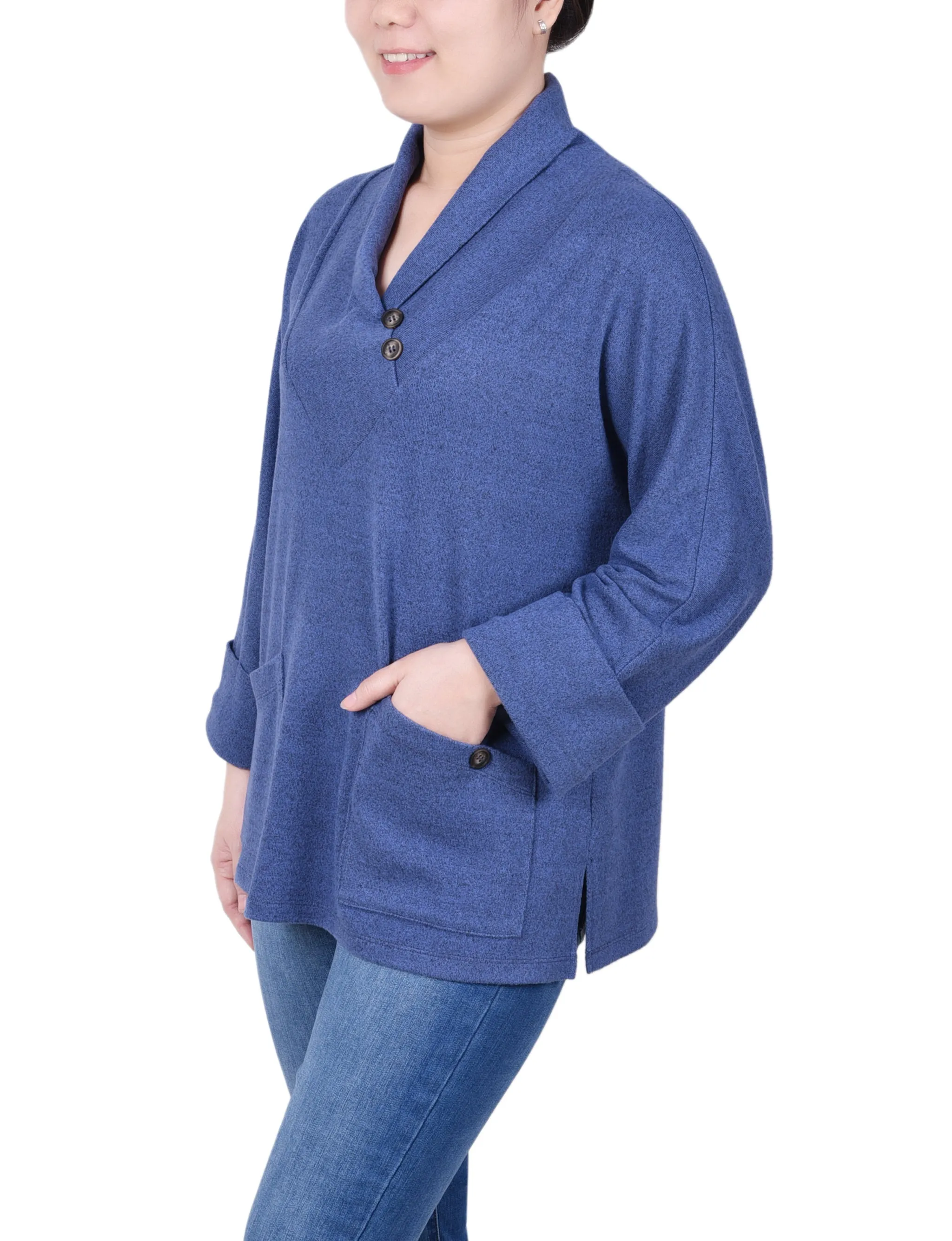 Petite Long Sleeve Shawl Collar Top With Pockets