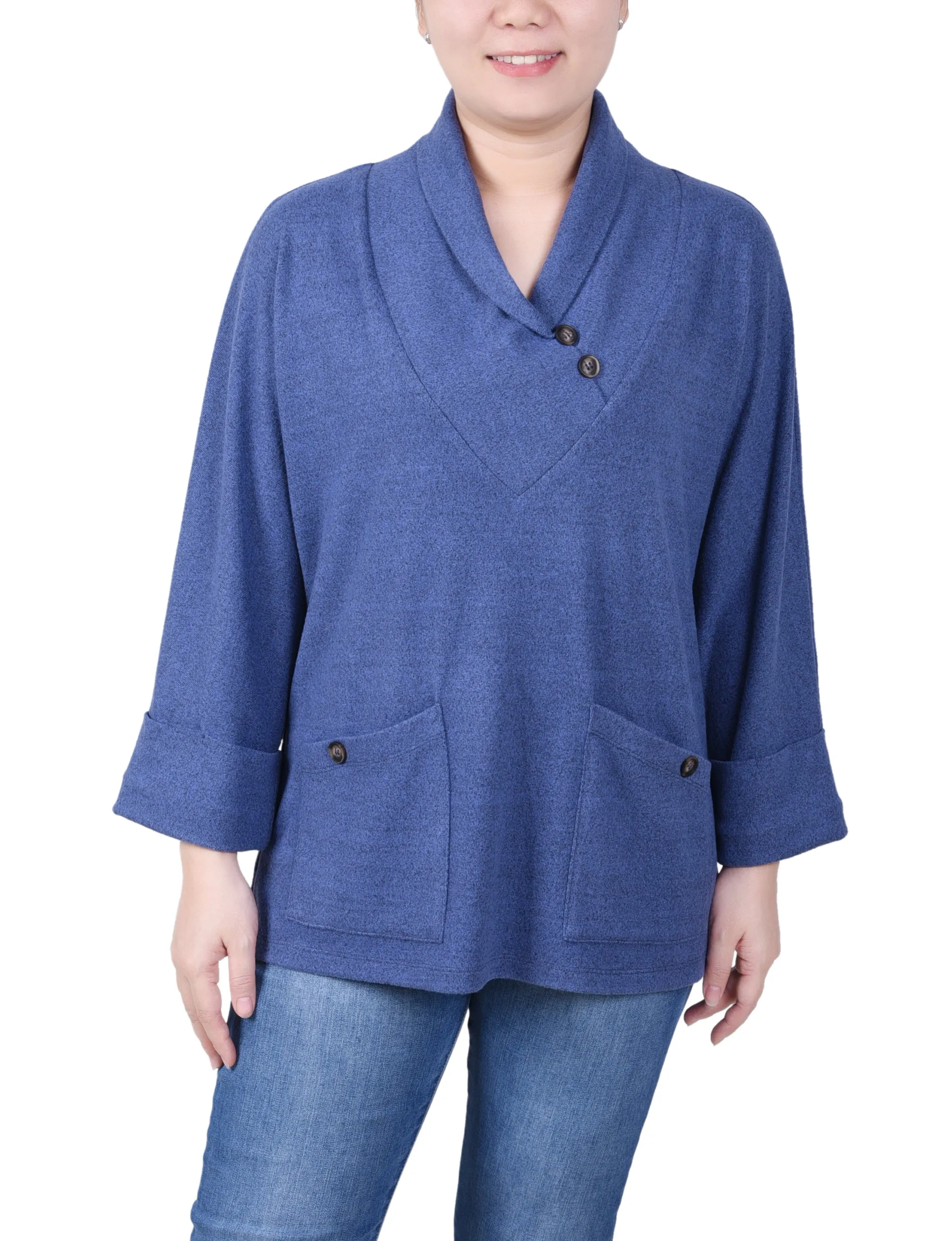 Petite Long Sleeve Shawl Collar Top With Pockets