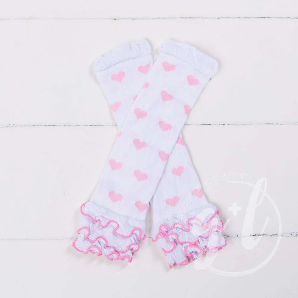 Pink & White Hearts Ruffled Hem Leg Warmers