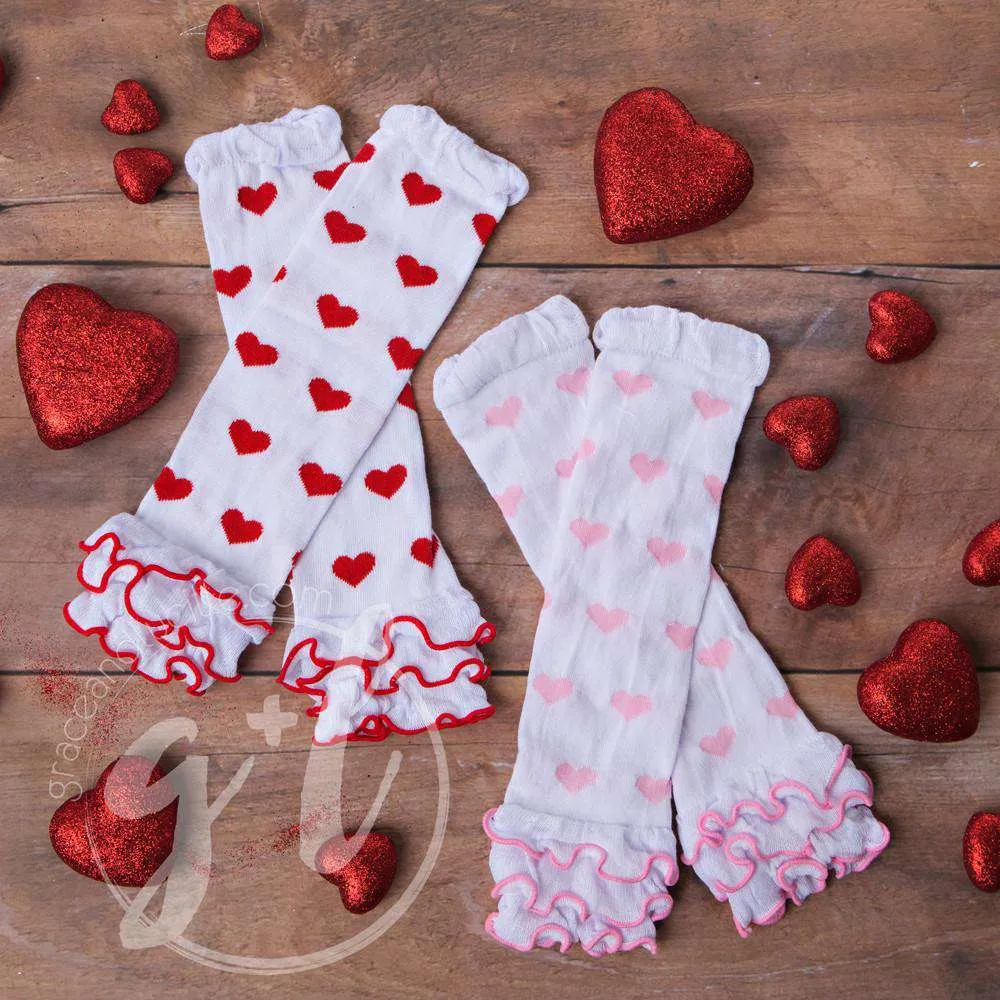 Pink & White Hearts Ruffled Hem Leg Warmers