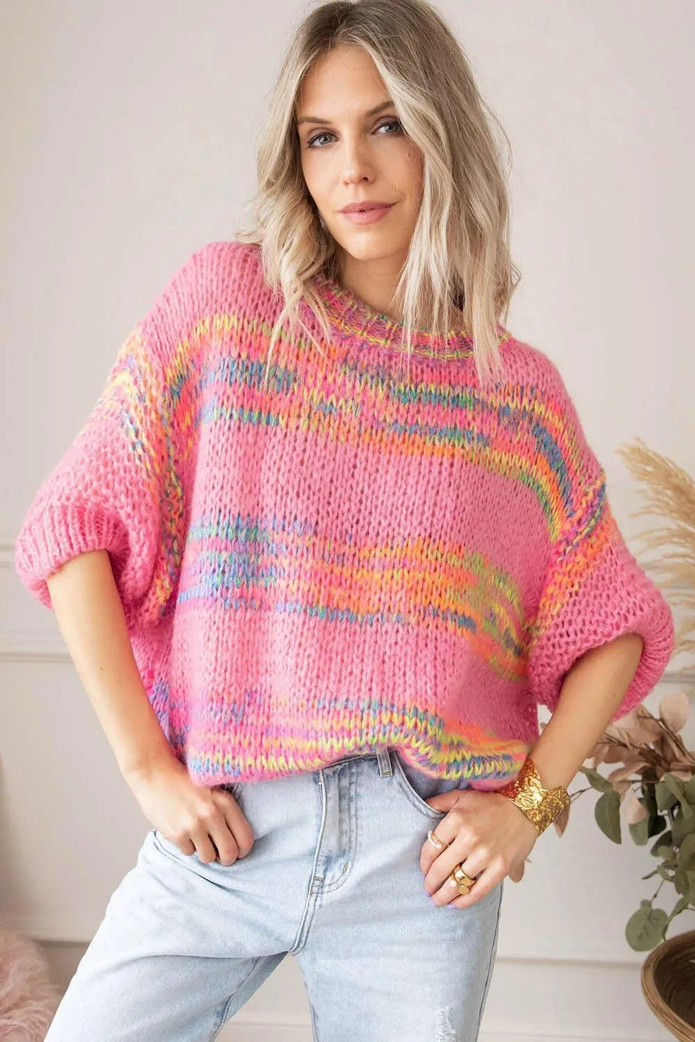 Pink Colorful Stripes Loose Sweater