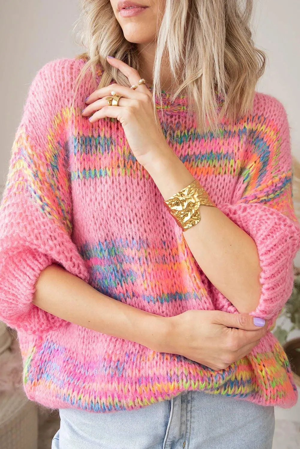 Pink Colorful Stripes Loose Sweater