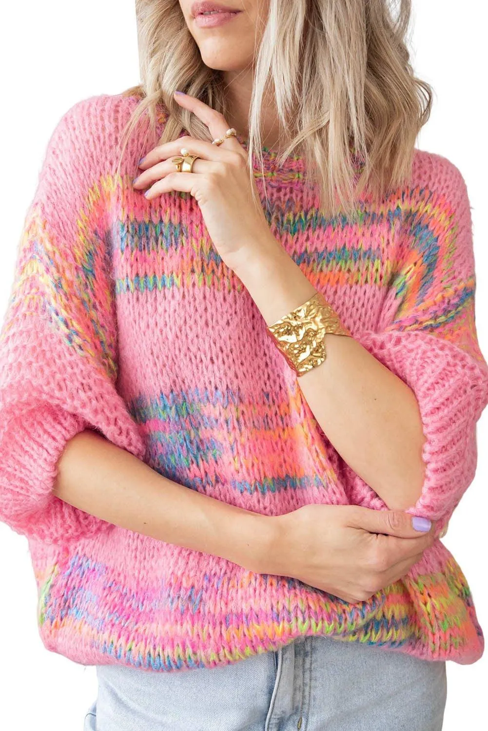 Pink Colorful Stripes Loose Sweater