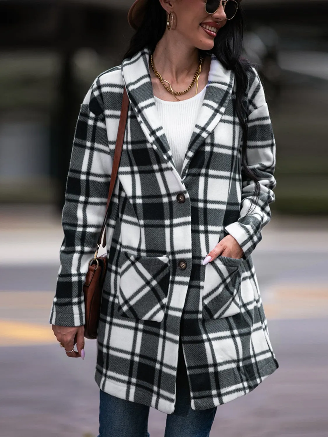 Plaid Shawl Collar Coat with Pockets