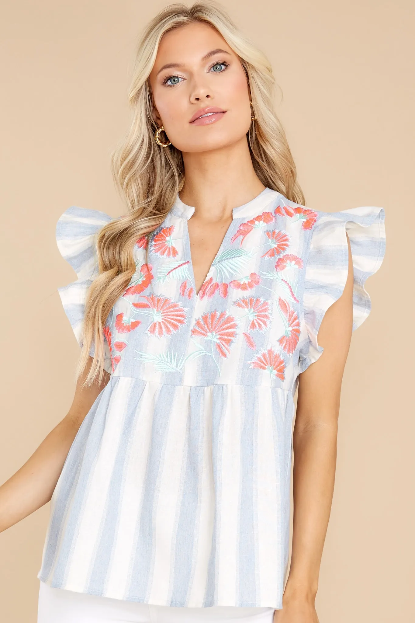 Plaza Promenade Blue And White Stripe Embroidered Top