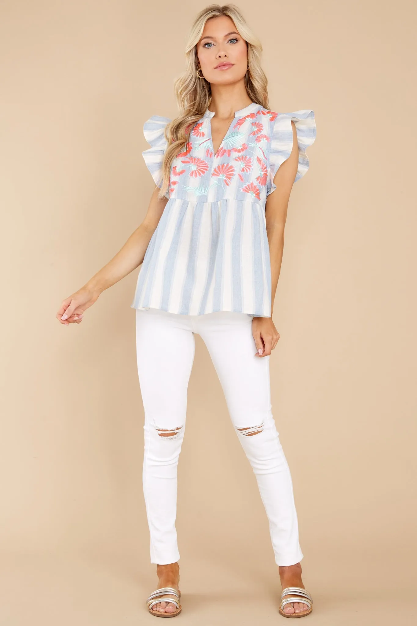 Plaza Promenade Blue And White Stripe Embroidered Top