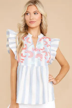 Plaza Promenade Blue And White Stripe Embroidered Top