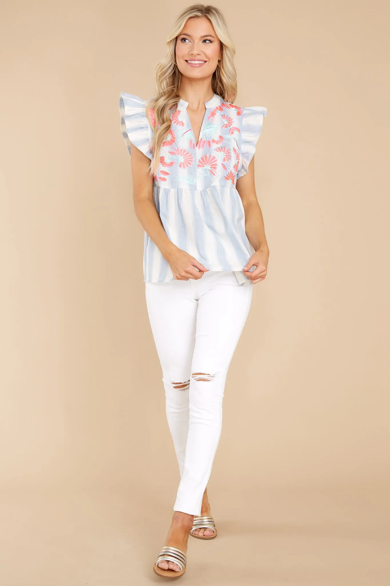 Plaza Promenade Blue And White Stripe Embroidered Top