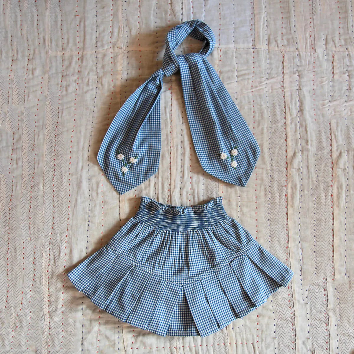 Pleated Skirt With Tie Scarf in Blue Vichy Check by Bonjour