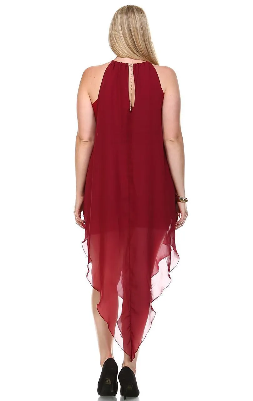 Plus Size Cocktail Dress Asymmetrical Hem with Gold Chains Royal Burgundy